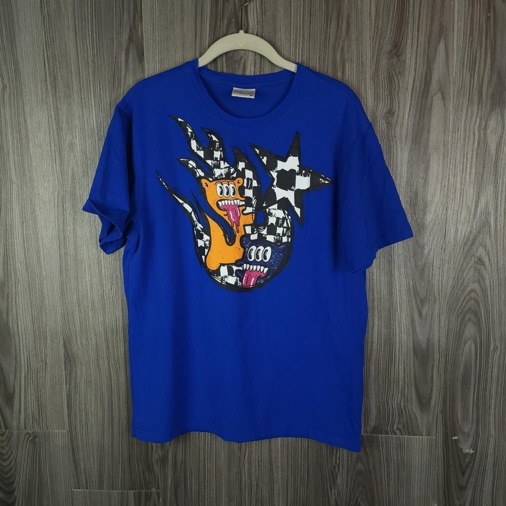 Smoke Rise Mens Blue Monster Graphic T-Shirt Medium Streetwear Checkerboard Star